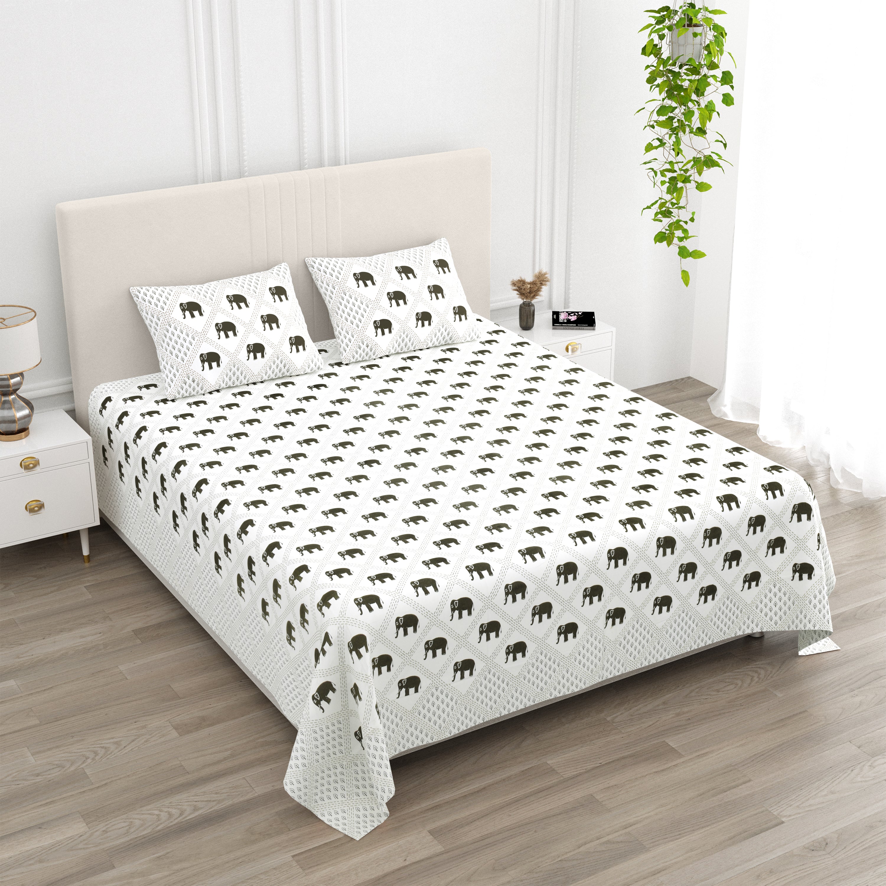 100% Cotton King Size Double Bed sheet for Bed (108 X 108 Inches) with 2 Pillow Covers | Black Elephant