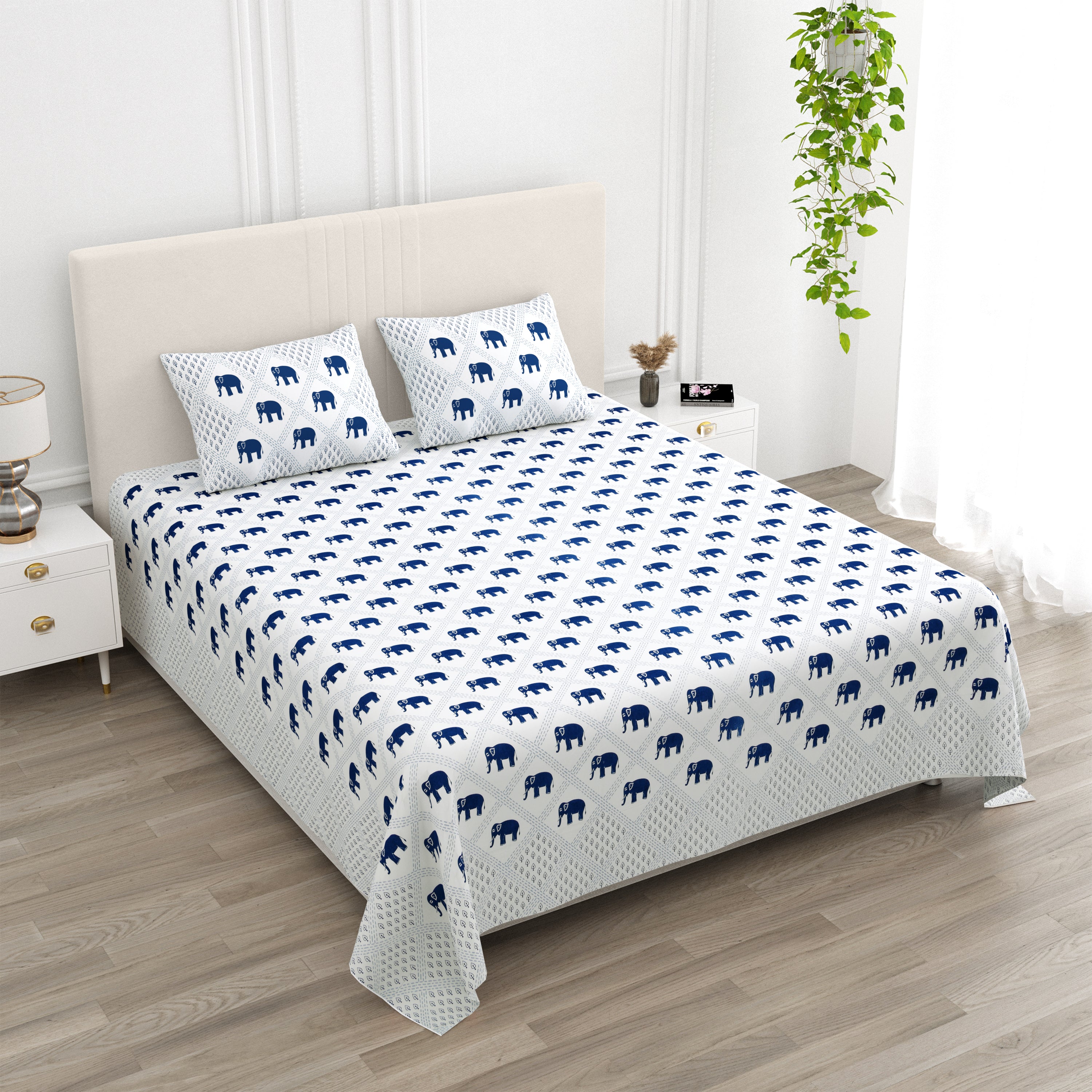 100% Cotton King Size Double Bed sheet for Bed (108 X 108 Inches) with 2 Pillow Covers | Blue Elephant