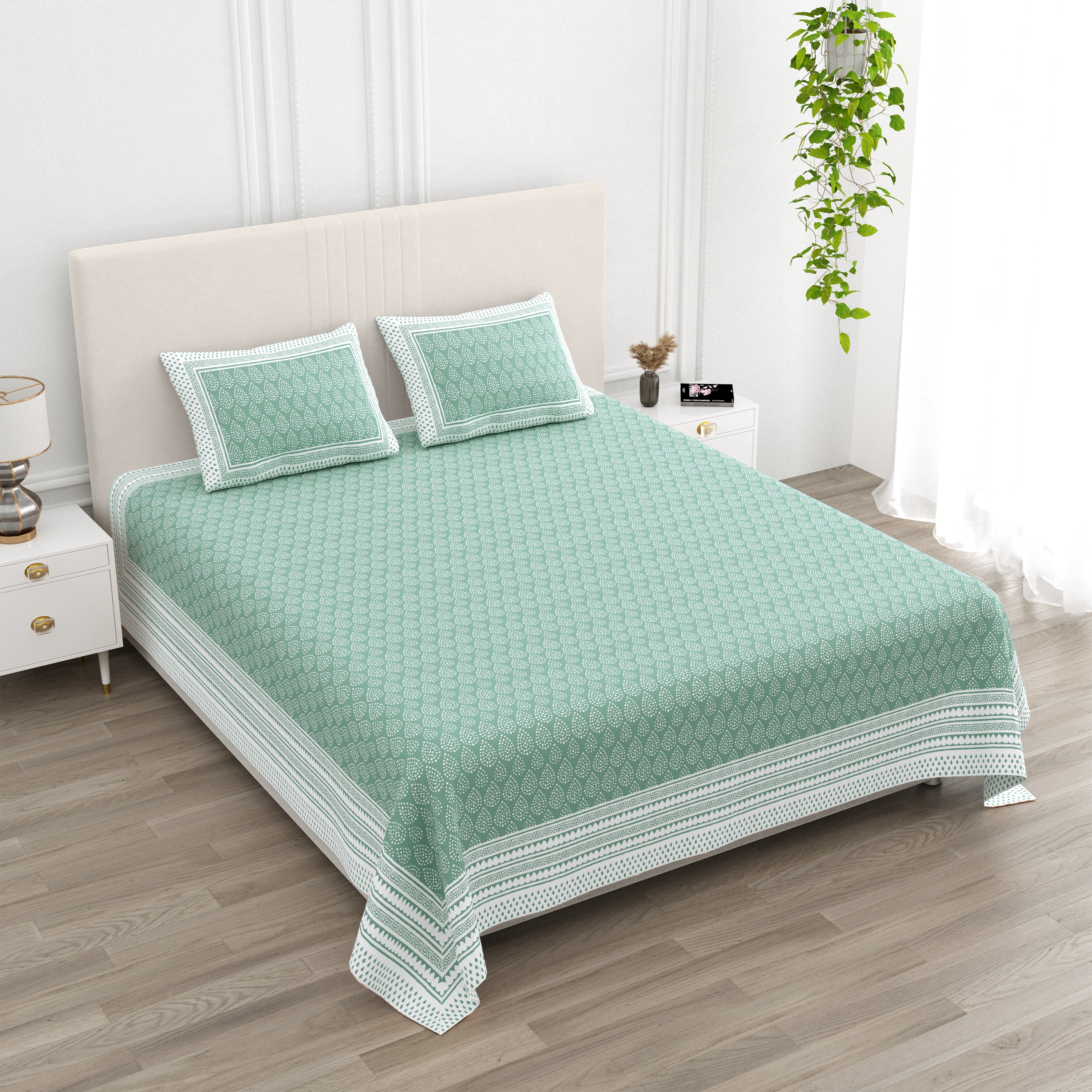 100% Cotton King Size Double Bed sheet for Bed (108 X 108 Inches) with 2 Pillow Covers | Green Booti