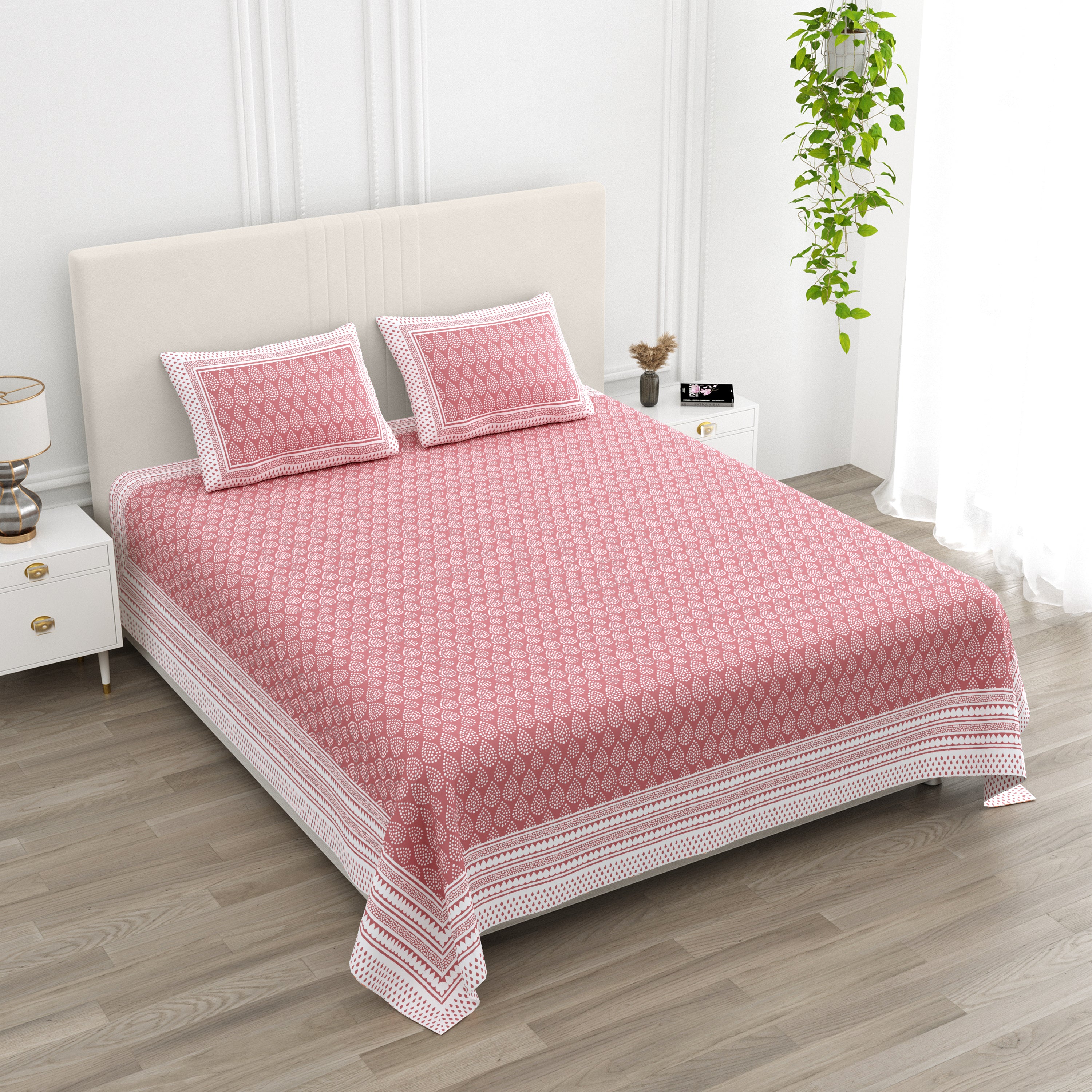 100% Cotton King Size Double Bed sheet for Bed (108 X 108 Inches) with 2 Pillow Covers | Peach Booti