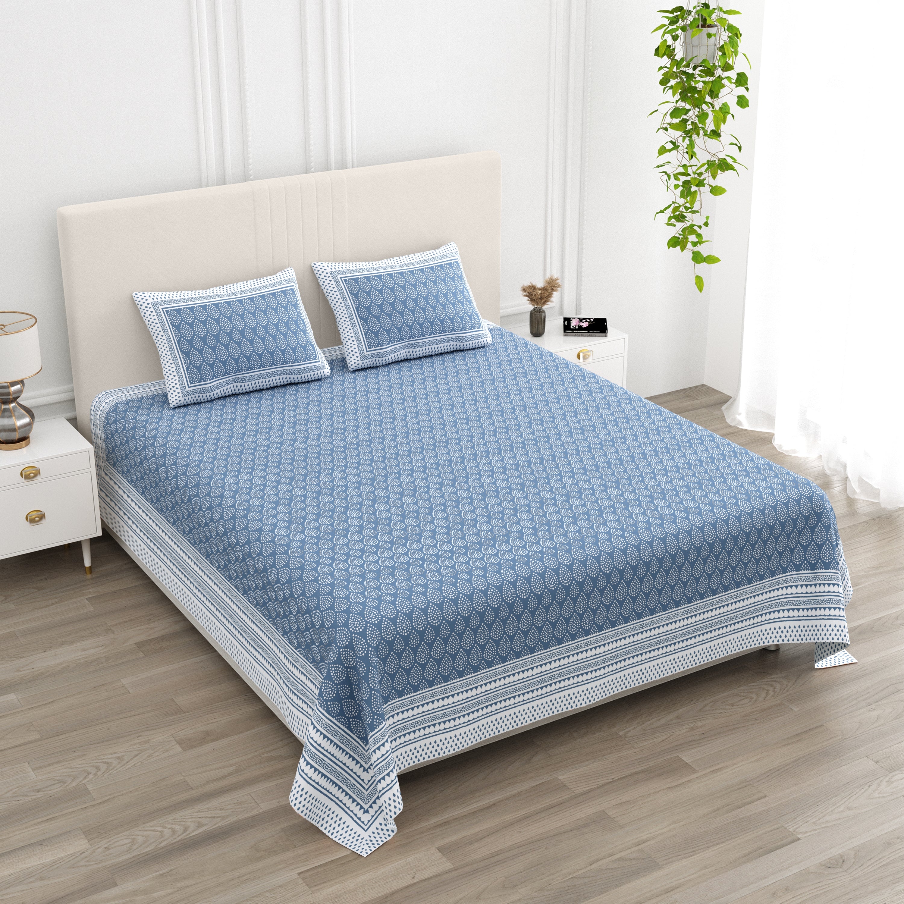 100% Cotton King Size Double Bed sheet for Bed (108 X 108 Inches) with 2 Pillow Covers | Blue Booti