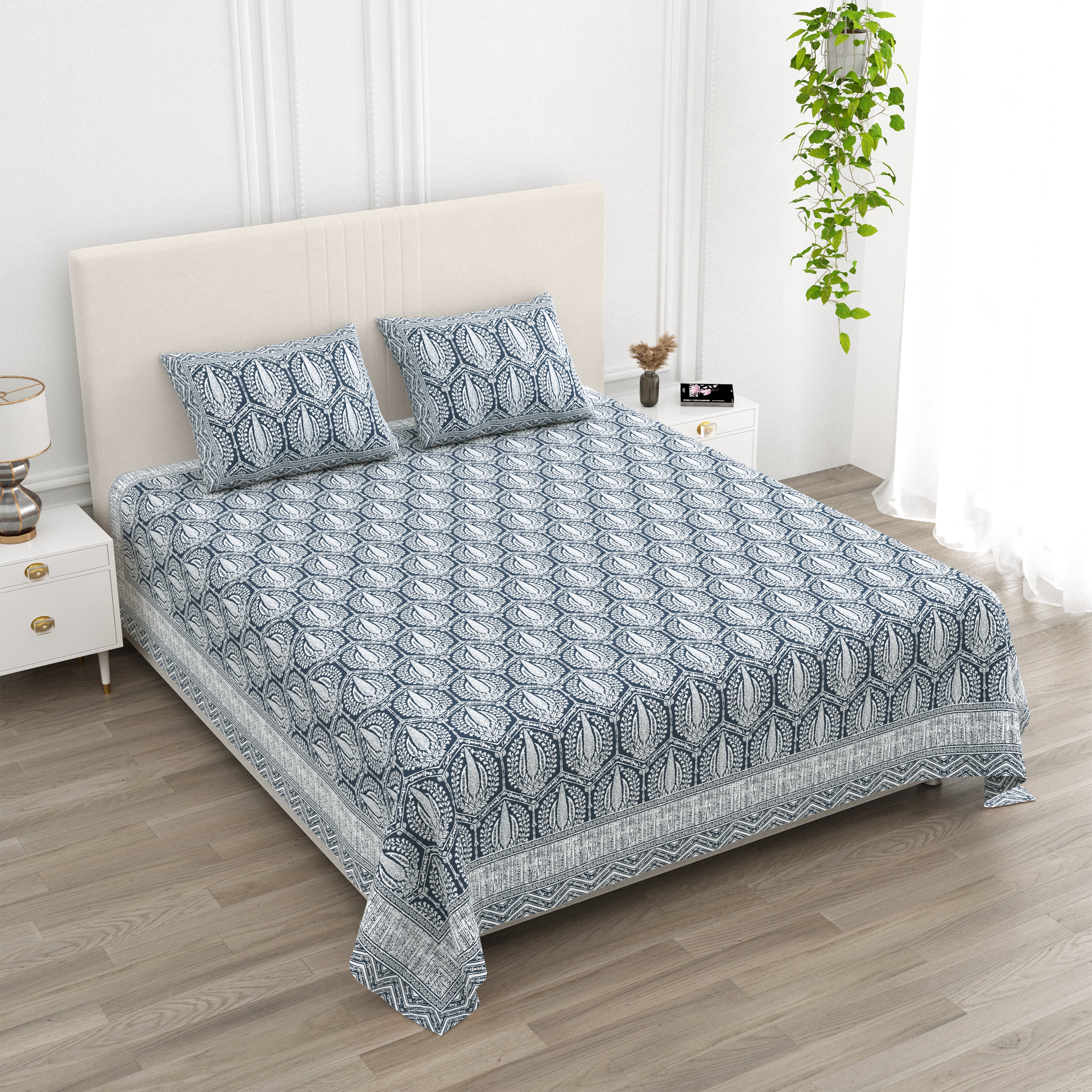 100% Cotton King Size Double Bed sheet for Bed (108 X 108 Inches) with 2 Pillow Covers | Blue Tree design