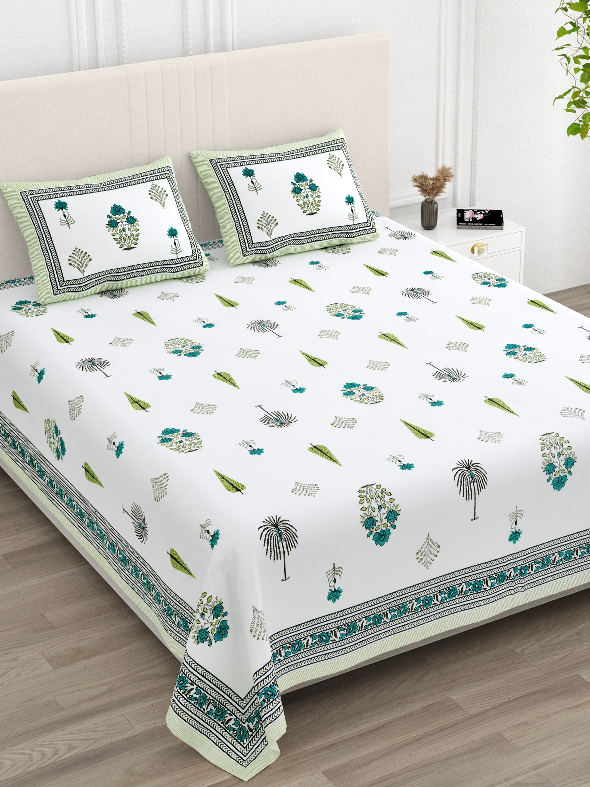 100% Cotton King Size Double Bed sheet for Bed (108 X 108 Inches) with 2 Pillow Covers | Green design
