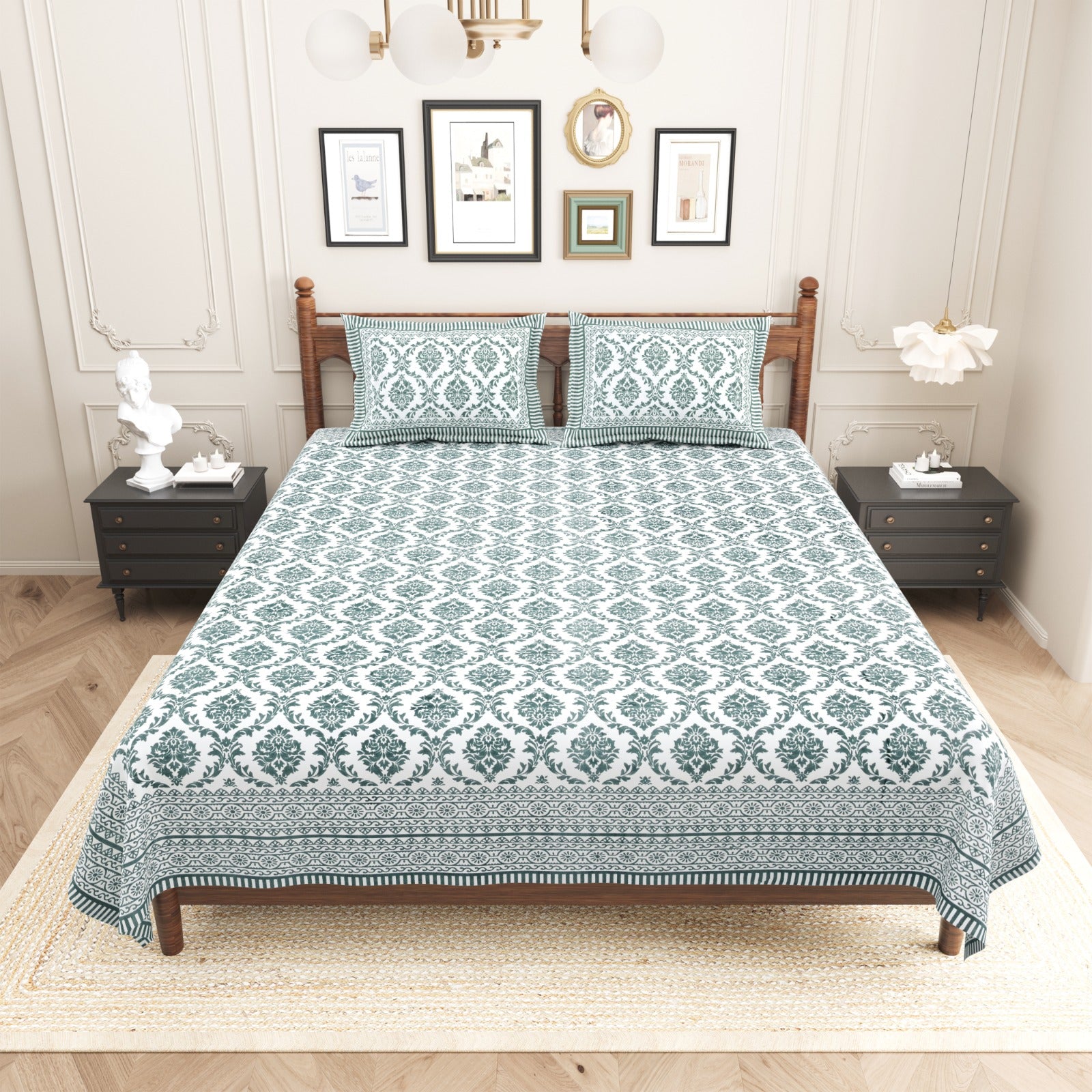 100% Cotton King Size Double Bed sheet for Bed (108 X 108 Inches) with 2 Pillow Covers | Elite Blue Luxury Print