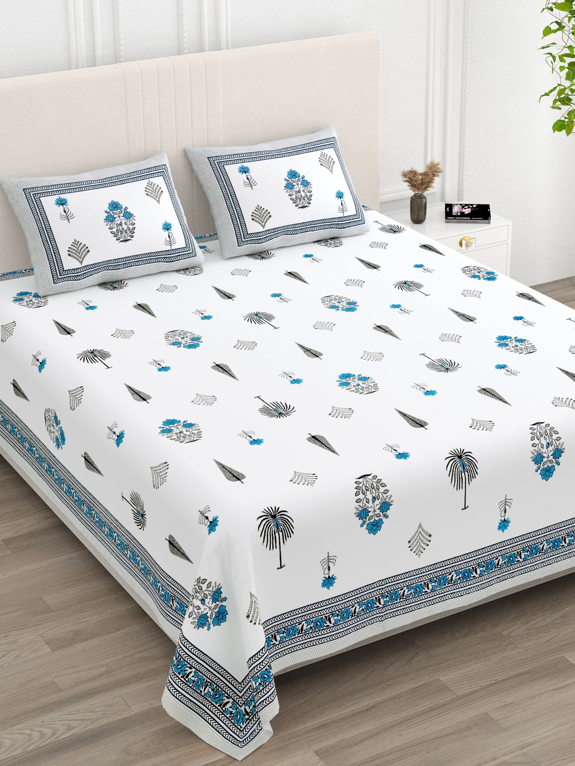 100% Cotton King Size Double Bed sheet for Bed (108 X 108 Inches) with 2 Pillow Covers | Blue design
