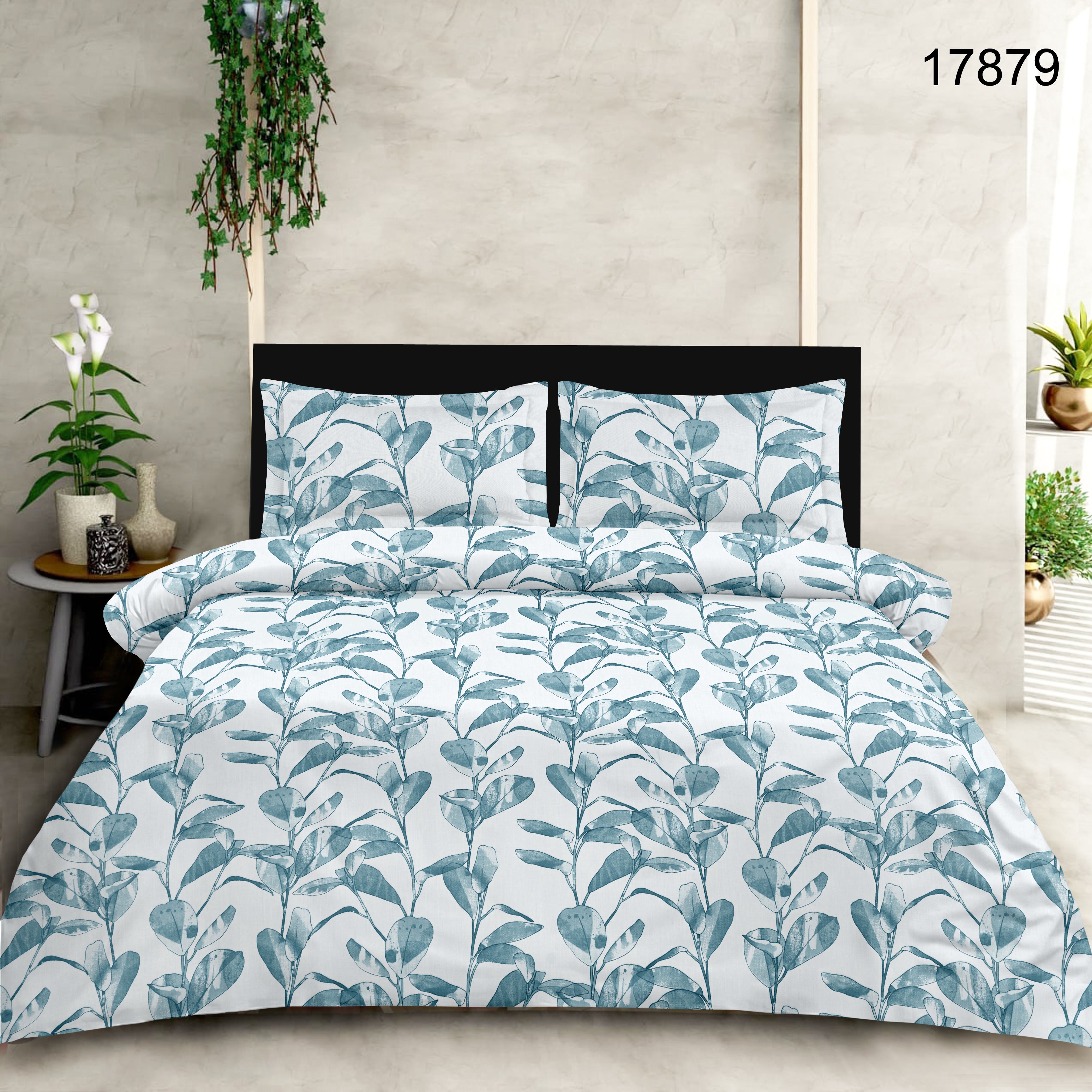 100% Cotton King Size Double Bed sheet for Bed (108 X 108 Inches) with 2 Pillow Covers | Blue Leaf