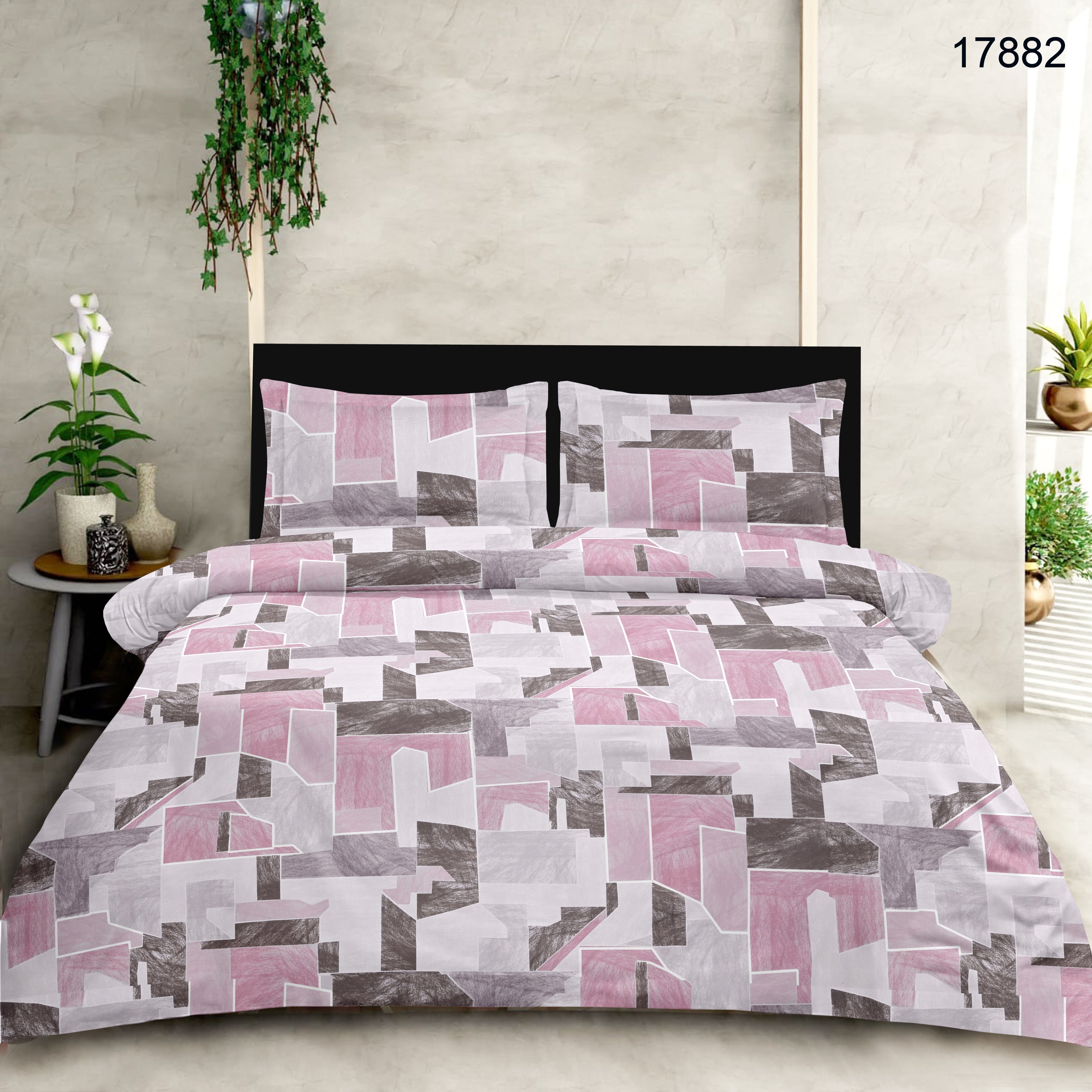 100% Cotton King Size Double Bed sheet for Bed (108 X 108 Inches) with 2 Pillow Covers | Pink Block Print
