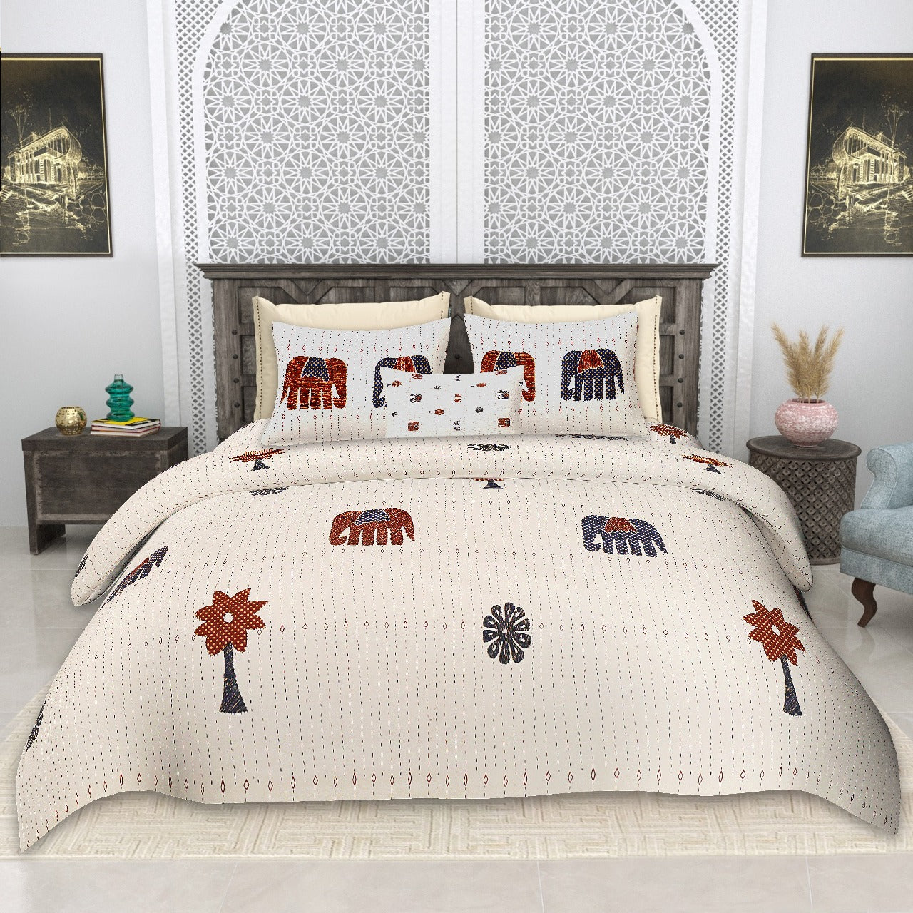 100% Cotton King Size Double Bed sheet for Bed (95 X 108 Inches) with 2 Pillow Covers | Elegant Diamond Check Gujri Patch (Cream)