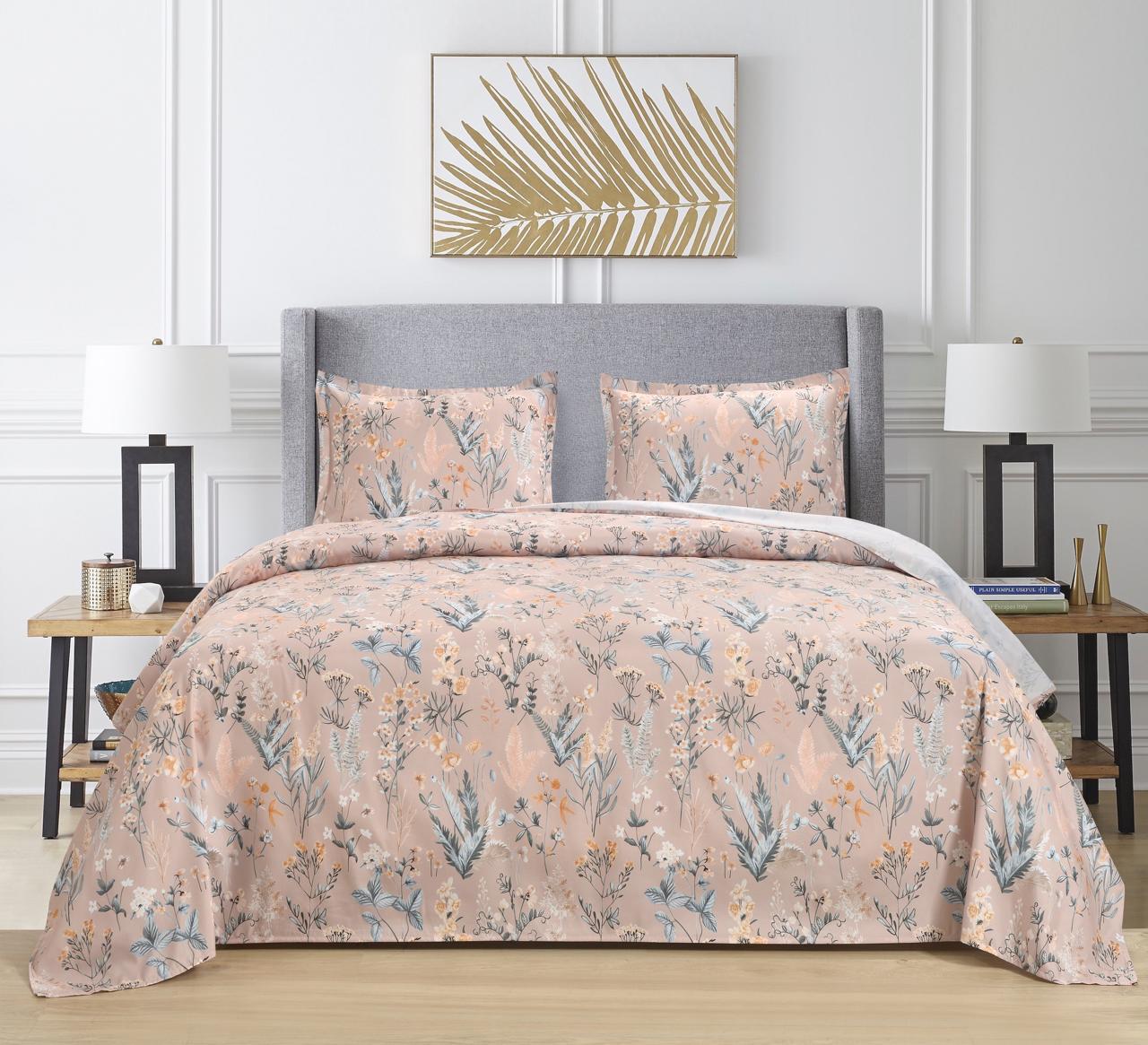 100% Cotton King Size Double Bed sheet for Bed (108 X 108 Inches) with 2 Pillow Covers | Peach Flower Elvy